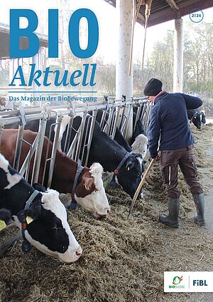 Titelseite Bioaktuell 2|24: Kühe fressen Heu am Fressgitter, eine Person sticht mit der Heugabel ins Heu.