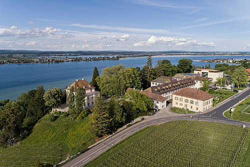 Ein Schloss auf einer Kuppe mit Blick auf den Bodensee. 