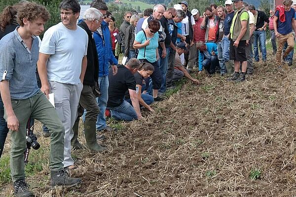 Studierende stehen vor einem Feld und betrachten den Boden.