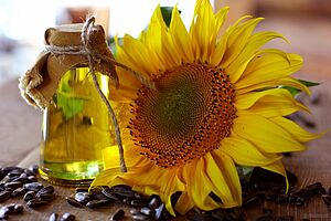 Eine Flasche mit Sonnenblumenöl steht vor einer Sonnenblume und Sonnenblumenkernen auf einem Tisch.