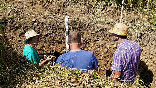 Drei Männer in einem Graben besichtigen ein Bodenprofil.