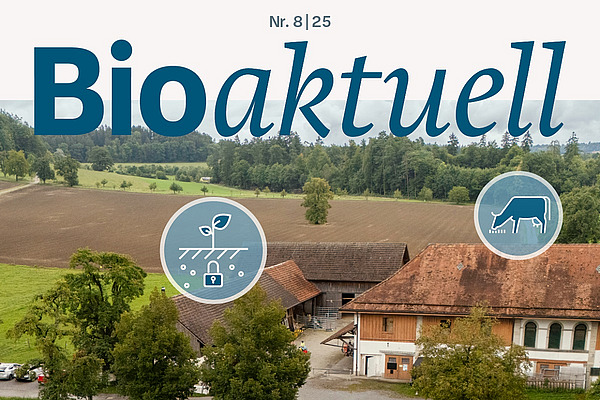 Titelseite Bioaktuell 8|25: Ob Boden, Wasser, Energie, Ernährung, Tierhaltung: Der Biolandbau zeigt, wie Klimaschutz praktisch gelingt. Bild: Christian Pfister, FiBL Titelseite Bioaktuell 8|25: Luftaufnahme eines Hofs mit verschiedenen blauen Piktogrammen.